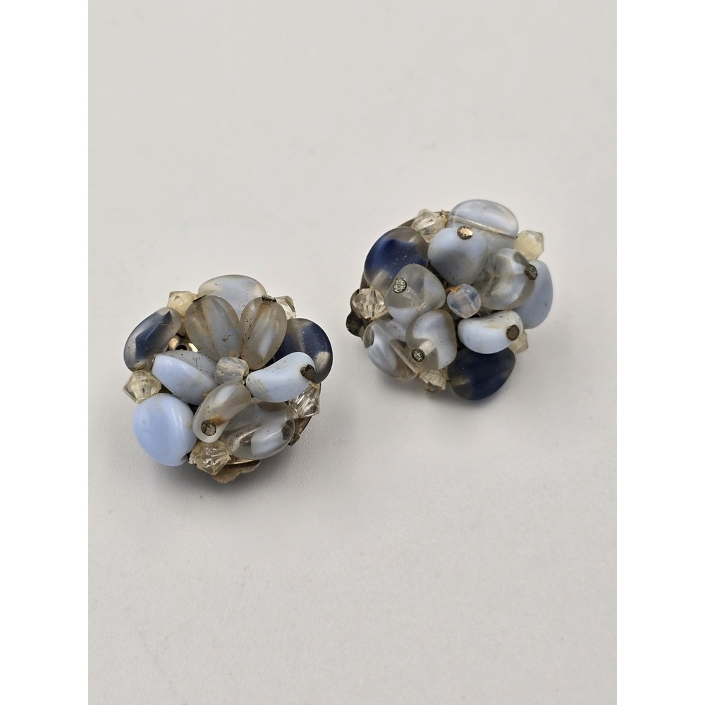 Vintage West Germany Clip-On Earrings Blue Art Glass Cluster Beads Clear Accents